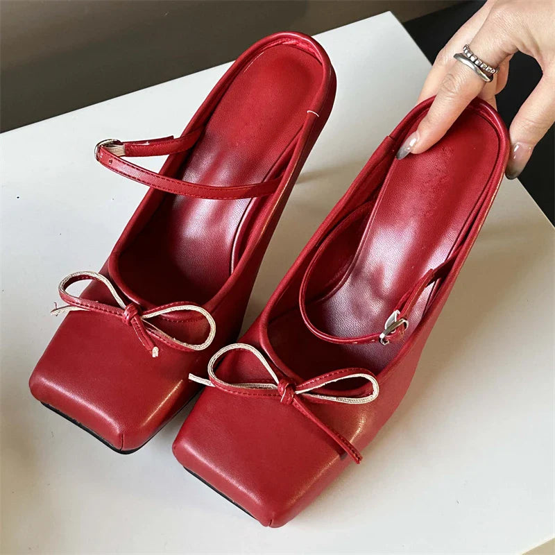 aichashi  -  Designer Bowknot Buckle Strap Pumps Women Sexy Square head Thin Heels Wedding Banquet Dress Mule Ladies Shoes