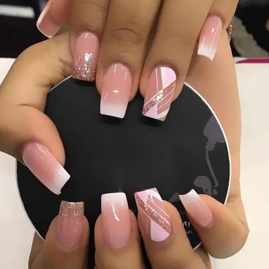 24Pcs Natural Nude Color Press On Nail Tips Pink White Artificial Fake Nails Square Short Glossy Pattern With Designs False Nail