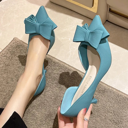 Aichashi Blue Bowtie Thin Heeled Pumps Women Autumn PU Leather Slip on High Heels Shoes Woman Pointed Toe Party Shoes Mujer