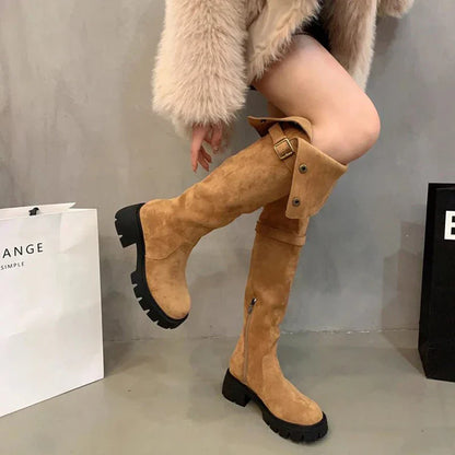 Aichashi Autumn Winter Platform Women Over The Knee High Boots Fashion Slip On Thick Heels Shoes Ladies Knight Long Botas De Mujer