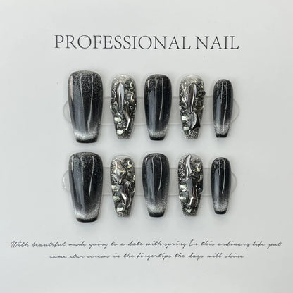 10pcs detachable ballet french black false nails with diamond acrylic press on nails full cover handmade fake nails with glue