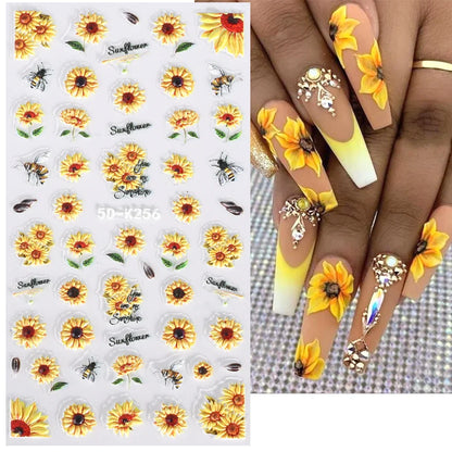 5D Yellow Sunflower Embossed Nail Sticker Acrylic Flower Leaf Bee Butterfly Summer Engrave Gel Polish Manicure Slider Decoration