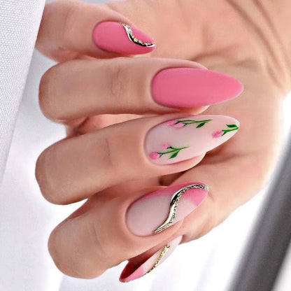 Almond False Nails 24Pcs Press On Nails Color Flower Printed Red and Yellow Autumn Manicure Nail Tips Full Cover