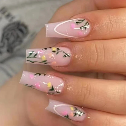 24Ps/Set Square Head Coffin Wearing False Nails Art Pink Matte French Fake Nails Leopard Artificial Acrylic White Press on Nails