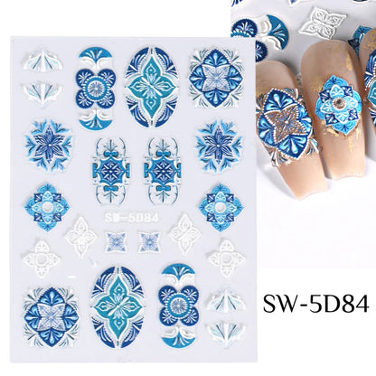 5D Acrylic Bohemia Flowers Nail Embossed Sticker Brown Filigree Lace Tribe Design Adhesive Decal Charms Textured Decoration