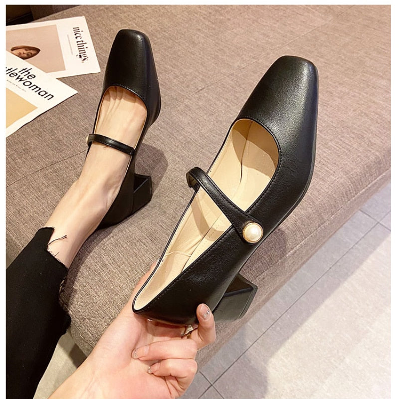 Aichashi New Patent Leather Square Toe Mary Jane Shoes Temperament Shallow Mouth Thick Heel Shoes Spring High Heels Pumps Women's