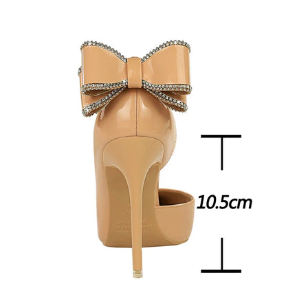 aichashi  -   New Patent Leather High Heels Rear Rhinestone Bowknot Women Pumps Spring Pointed Side Hollow Ladies Stilettos Heels Shoes