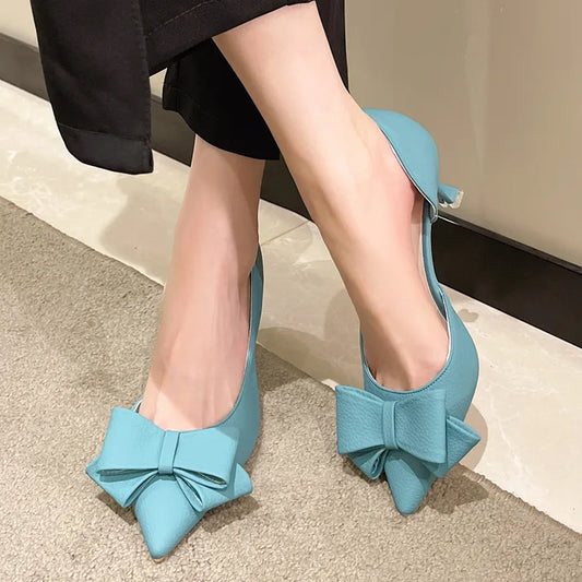 aichashi Blue Bowtie Thin Heeled Pumps Women Autumn PU Leather Slip on High Heels Shoes Woman Pointed Toe Party Shoes Mujer