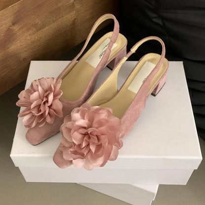 aichashi  -  Flower Chunky Heel Mule Shoes Women Suede Fashion High Heels Green Pointed Toe Low Heel Sandals Flowers Mary Jane Women Pumps