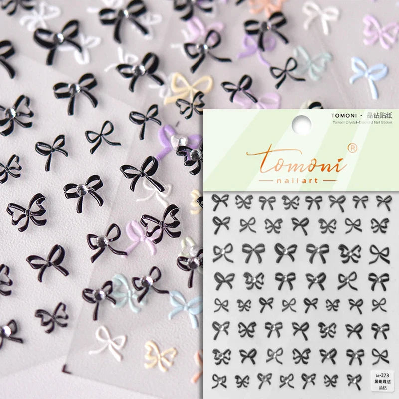 Black White Bow Tie Mini Bowknot Line Rhinestones Gold Silver Laser 3D Self Adhesive Nail Art Decoration Sticker Manicure Decals