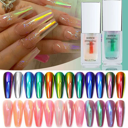 5ml Magic Chrome Liquid Aurora Powder Metallic Mirror Effect Nail Polish Function Top Coat Can Be Use on Any Color Nail Design