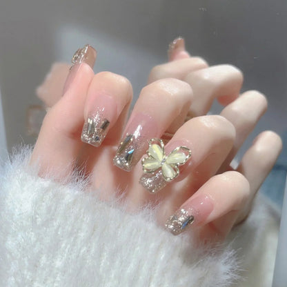 24Pcs Luxury Fake nail tips Women Wearable Press on Nails with Gold Glitter Diamond Full Cover Coffin Artificial Nails Tips