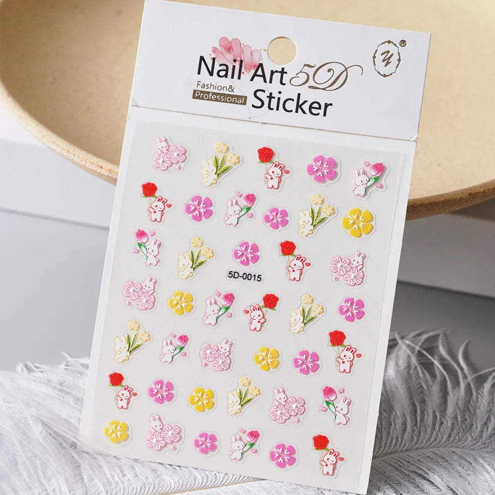 1PC 5D Macaron Flower/Fruit Nail Charms Sticker Embossed Bear/Rabbit/Letter Nails Slider Decals Summer Adhesive Manicure Decor&Y