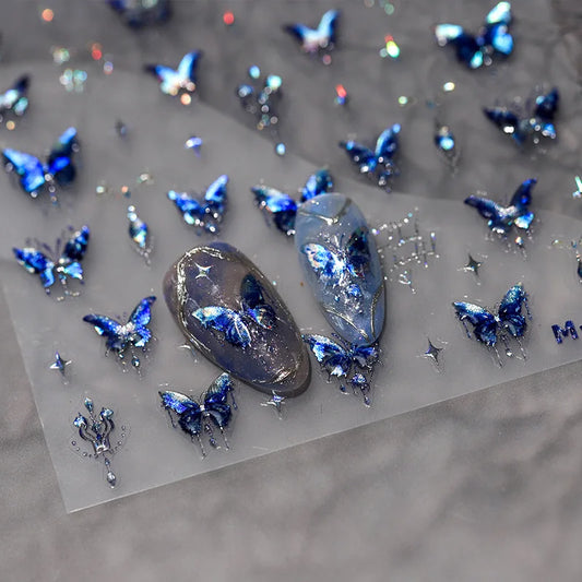 Acrylic Engraved Nail Sticker Holographic Blue Butterfly Desgin Self-Adhesive Nail Transfer Sliders Wraps Manicures Foils