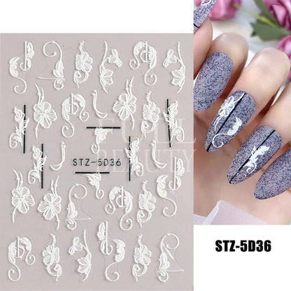 Aichashi 5D Embossed Nail Stickers Flowers Bird Geometric Lines Gold Frame Floral Nail Decals Cherry Blossom Y2K Manicure Decor