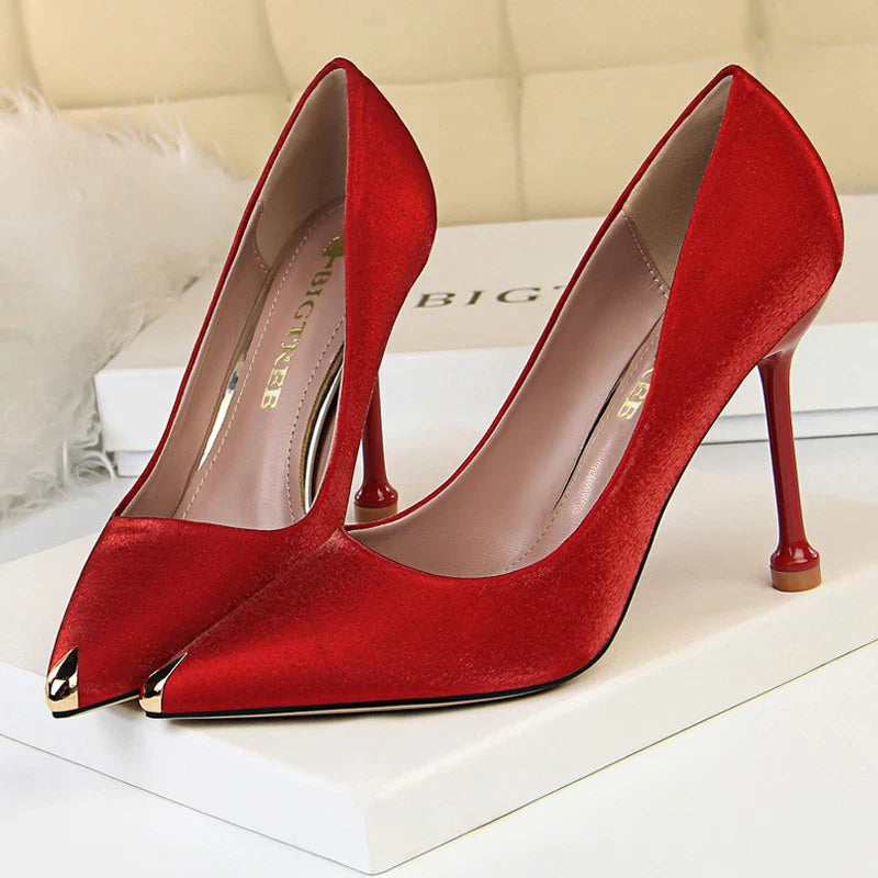 aichashi  -  Shoes New Women Pumps Spring High Heels Satin Luxurious Banquet Shoes Stiletto Metal Tip Heels Women Party Shoes