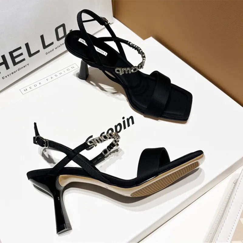 aichashi  -  Sexy Square Toe Thin Heeled Sandals Women Summer Fashion Rhinestone Letter Design Pumps Women Cross Strap Black High Heels