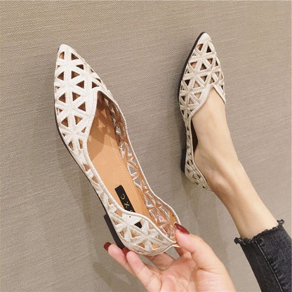 Aichashi Flat Shoes Women Summer Pointy Joker Hollow Leisure Commuter Flat Spring Shoes Elegant Women's Shoes Breathable Hole Shoes