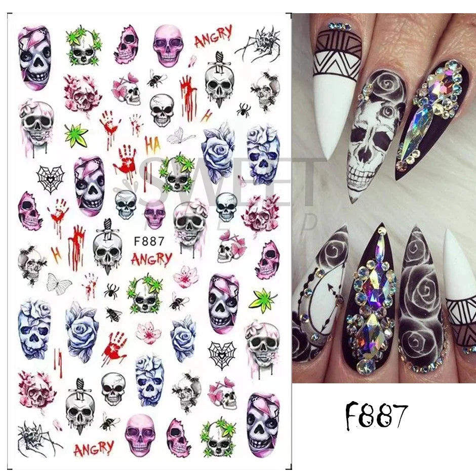 5D Gems Spider Embossed Nail Stickers Design Centipede Red Eyeball Adhesive Sliders Holiday Party New Year Decals Manicure Foils