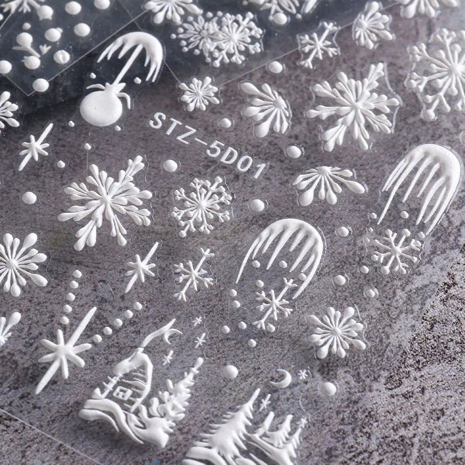 5D Snowflake Embossed Nail Sticker White Elk Tree Carved Santa Claus Christmas Nail Glitter Slider  Winter Nail Accessories