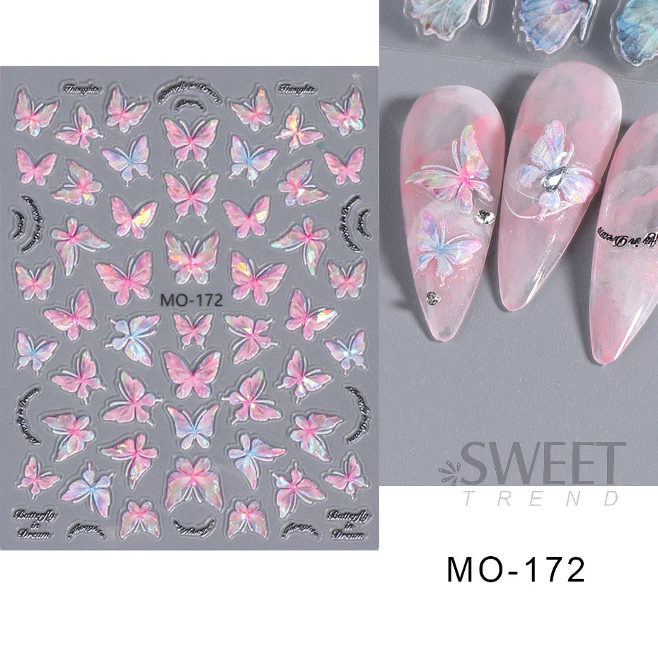 Aichashi Acrylic Engraved Butterfly Nail Manicure Sticker Holographic Crystal Fairy Rose Flowers Adhesive Decals Charm Spring Foils Wraps