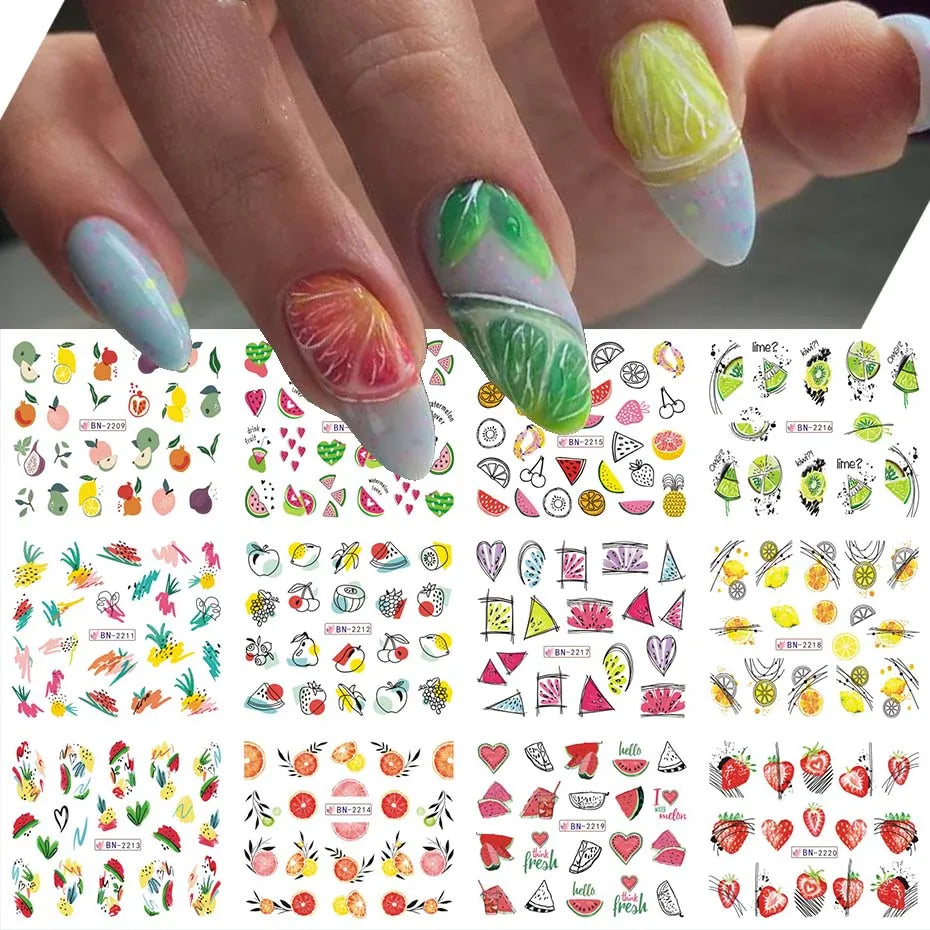 Aichashi 12 Designs Lily Flowers Nail Stickers White Flower Green Leaf Geometric Line Sliders Spring Floral Water Transfer Decals Slider