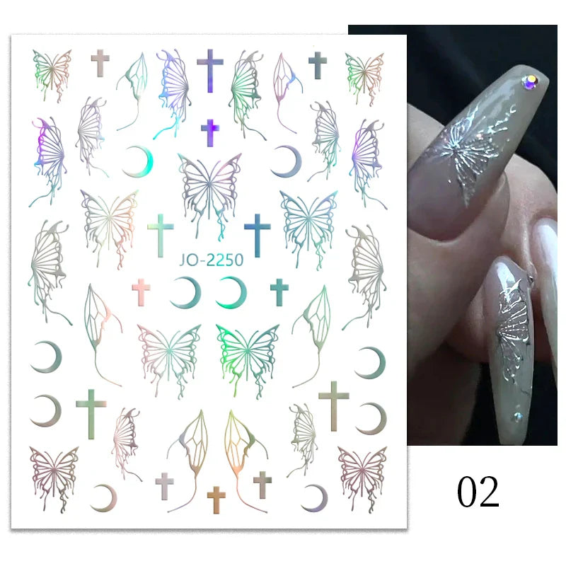 Aichashi 1PCS Black White Butterfly Laser Nail Stickers Y2K Nail Art Decoration Abstract Lines Bronzing Flowers Stickers For Nails