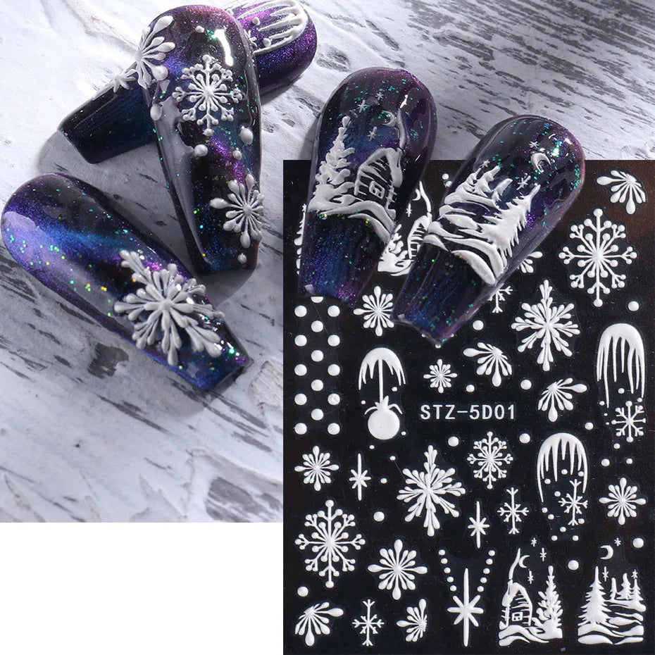 5D Snowflake Embossed Nail Sticker White Elk Tree Carved Santa Claus Christmas Nail Glitter Slider  Winter Nail Accessories