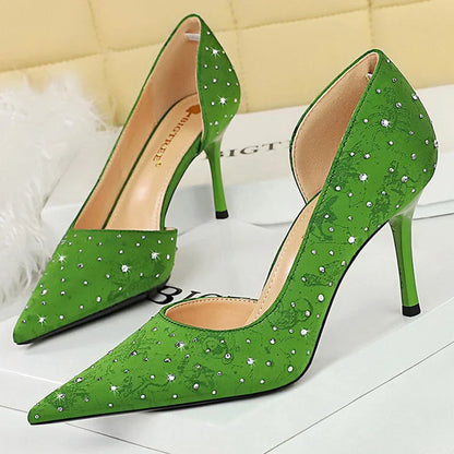 aichashi  -  Shoes Rhinestone Design Kitten Heels Women 8 Cm Pumps Silk Satin Luxury High Heels Stilettos Banquet Shoes Plus Size 43