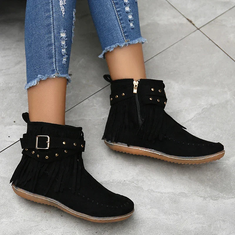 Aichashi Bohemian Style Tassels Ankle Boots Women Retro Faux Suede Buckle Strap Short Boots Woman Plus Size 43 Flat Heels Western Botas