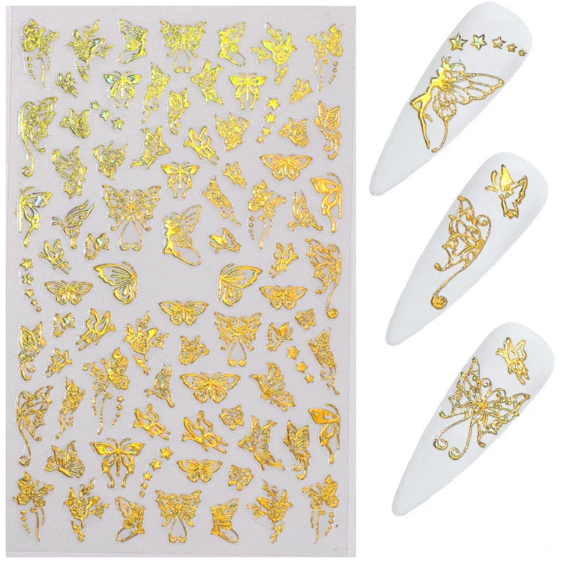 Aichashi Laser Butterfly Sticker Nails Art Holographic Gold/Sliver Nail Decal Design Self-adhesive Butterfly Nail Sticker Ornament