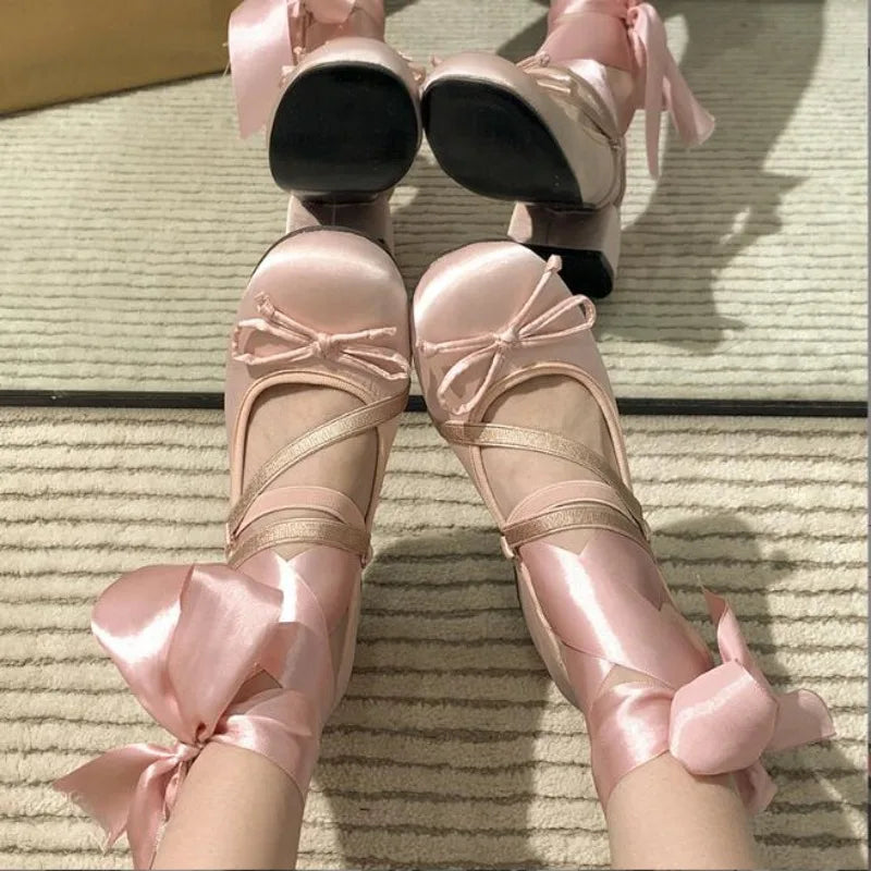 aichashi  -  Chunky Heels Lolita Pumps Shoes Hot Brand Spring Summer French Style Elegance Women Pumps Lace Up Ballet Style Single Shoes