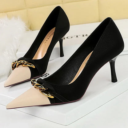 aichashi  -  Shoes Women Pumps Metal Chain Decoration High Heels Mixed Colors Pointed Stilettos Lady Heels Party Shoes Female Pumps