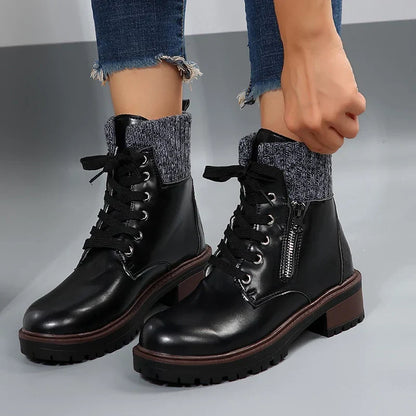 Aichashi Autumn New Patent Leather Thick Heel Ankle Boots Womens Thickening Warm Western Boots Fashion Boots Woman Lace Up Botas