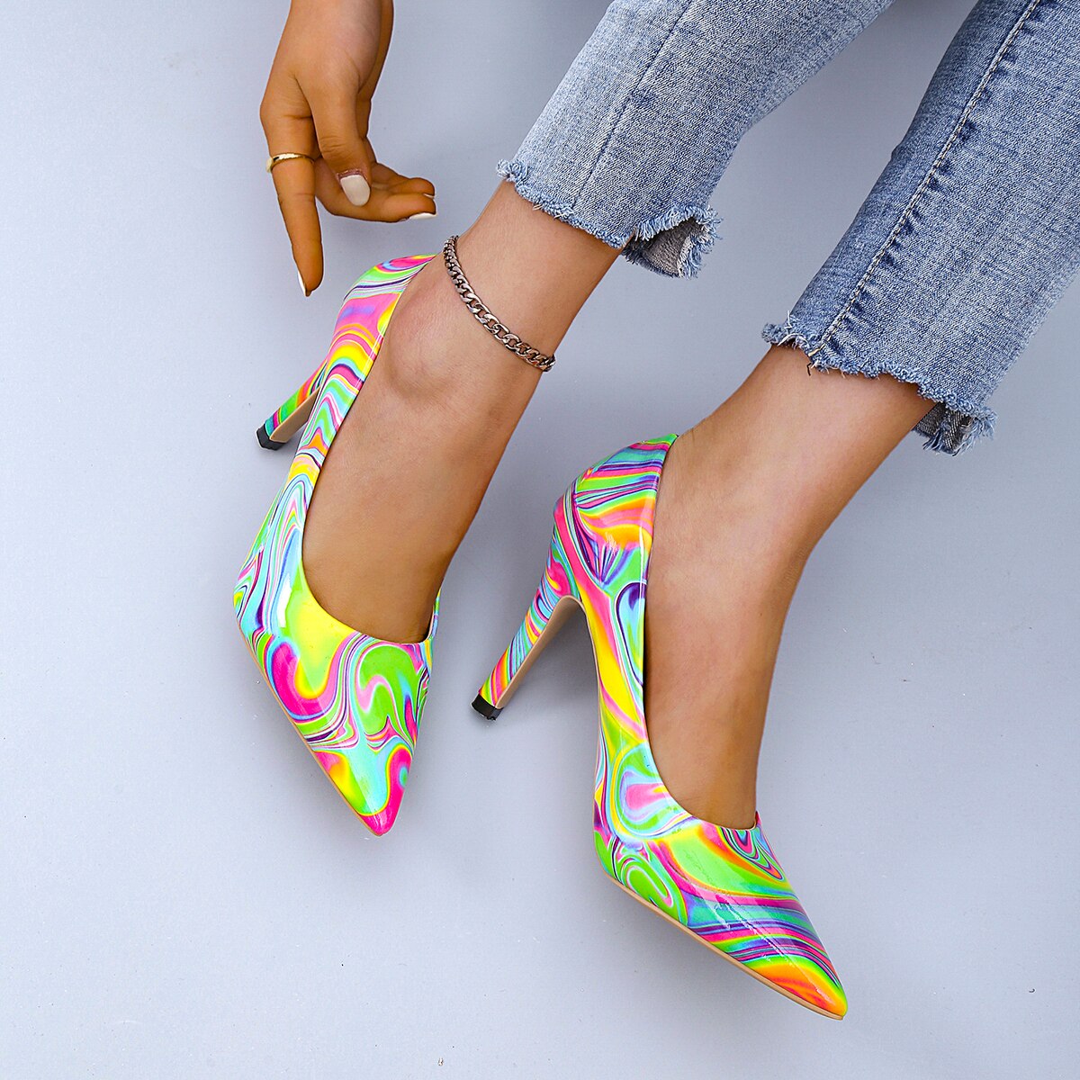 Aichashi High Heels Shoes Women New Spring Design Color Printing Pointed Thin High Heel Shallow Sexy Patent Leather Woman Single Shoes