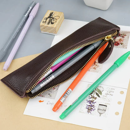 Aichashi BACK TO SCHOOL Natural Leather Zipper Pen Pencil Case Bag Pebbled Grain Leather Creative School Stationary Large Capacity Accessories Pen Pouch