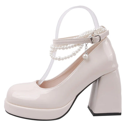 aichashi  - Vintage High Heels Mary Jane Shoes for Women Patent Leather Platform Pumps Woman Pearls Chain Thick-Heeled Shoes Female