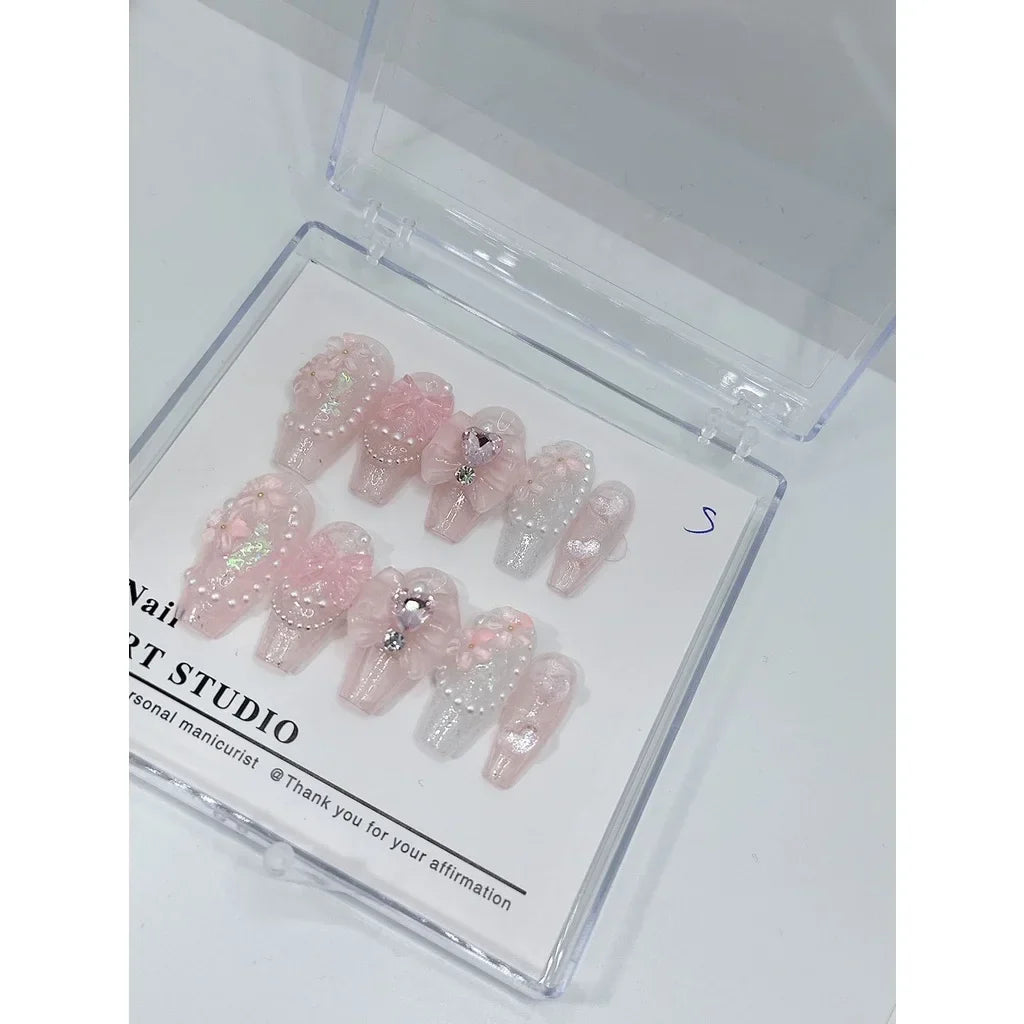 10 Pcs Pearl Love Diamond Bow Dream Fake Nails Pink Nail Patch Beauty Girl Bow Fairy Nail Patch for Women Gift