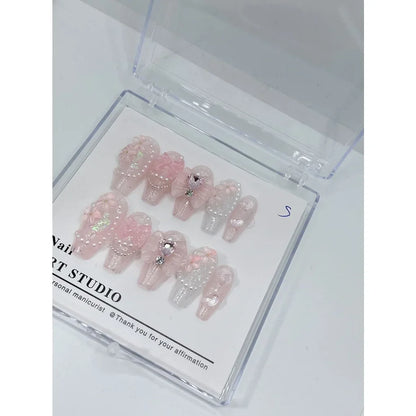 10 Pcs Pearl Love Diamond Bow Dream Fake Nails Pink Nail Patch Beauty Girl Bow Fairy Nail Patch for Women Gift