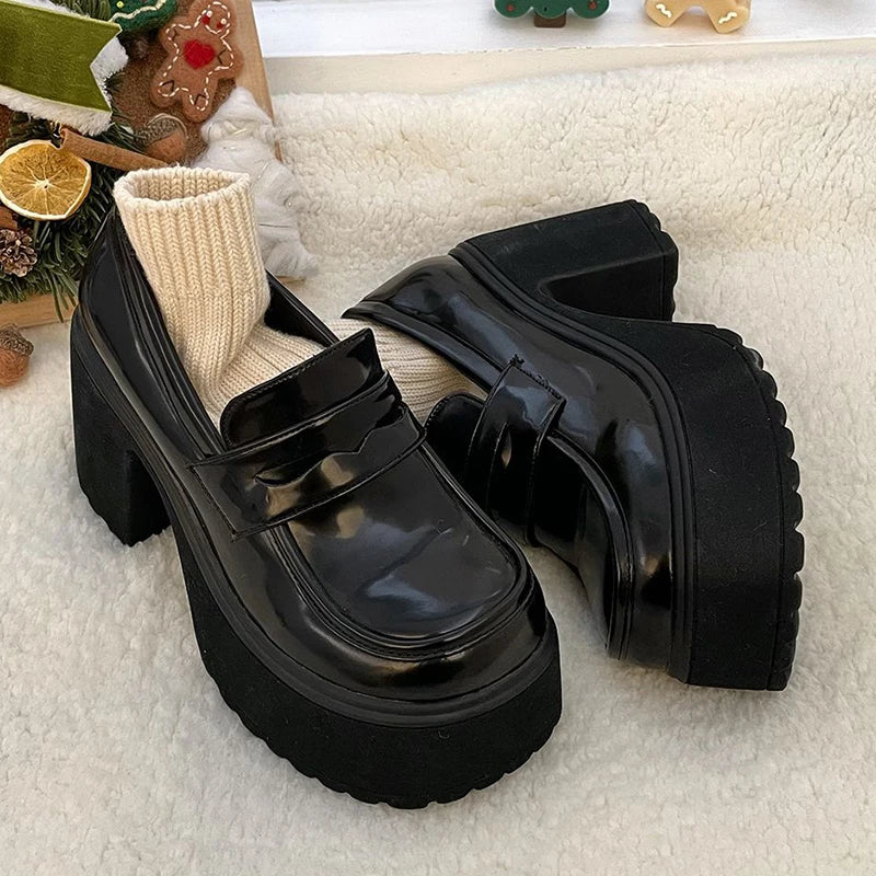 Aichashi Gothic Chunky High Heels Pumps for Women 2024 Spring Patent Leather Platform Loafers Woman Black Thick Heeled Jk Lolita Shoes