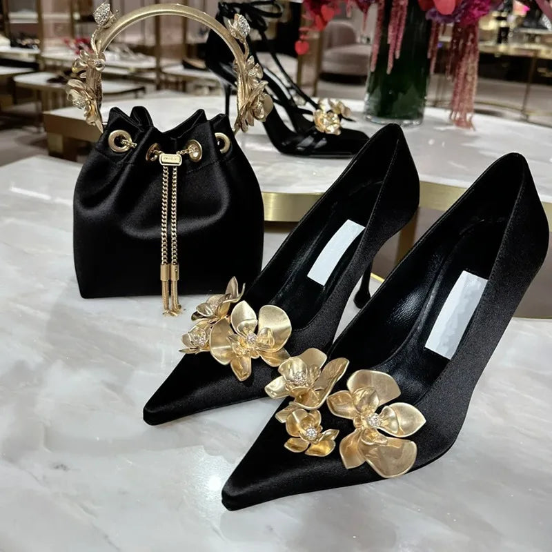 aichashi  -  Golden Flowers High Heels Women Silk Luxury Designer Sandal Metallic Flower Square Toe Pointed Fine Heel Party Dress Shoes Pumps