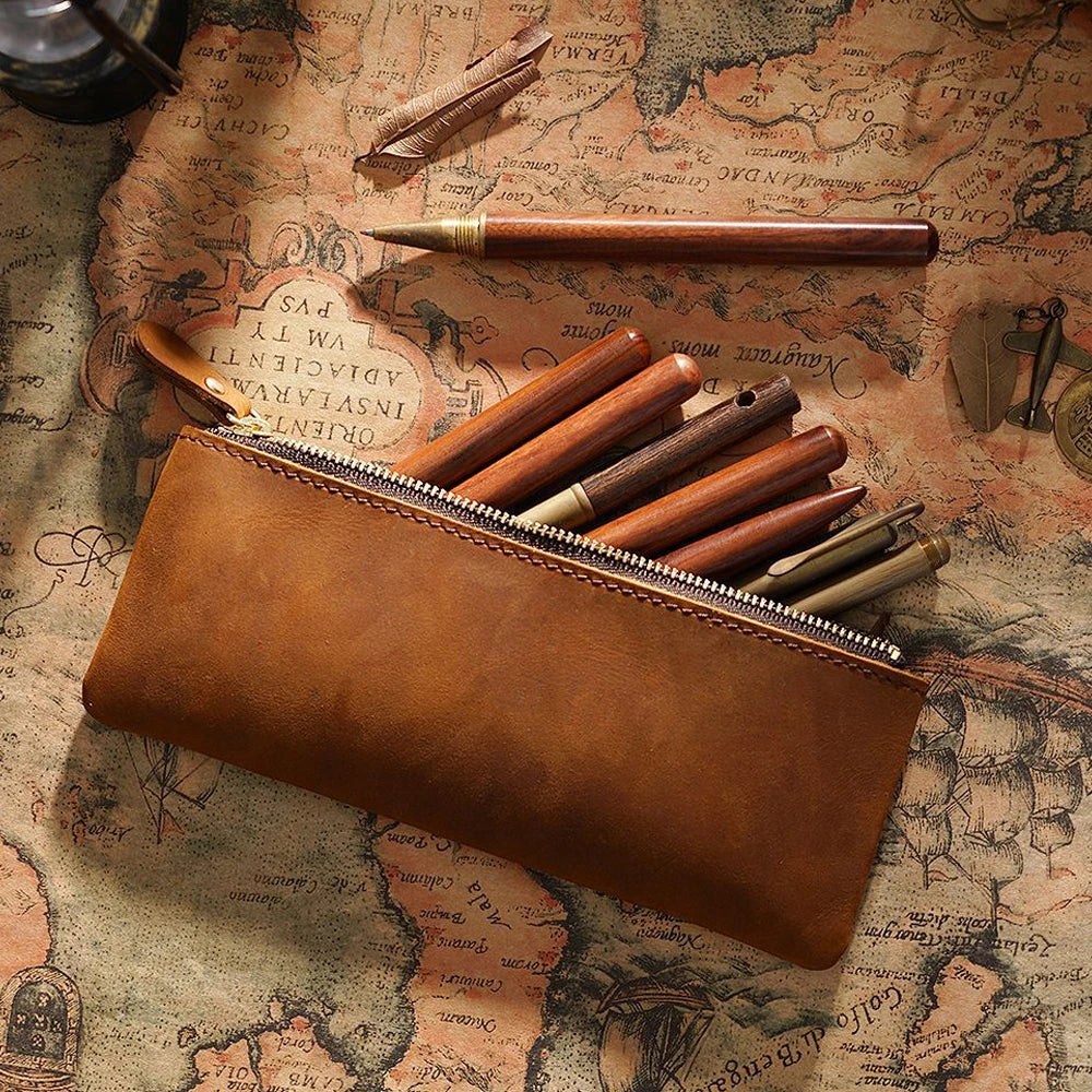 Aichashi BACK TO SCHOOL Vintage Genuine Leather Zippered Pencil Case Cowhide Stationery Organizer Pen Holder Writing Utensil Pouch Travel Accessory Bag