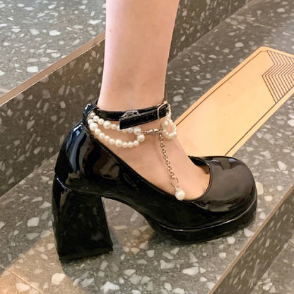 aichashi  -  Fashion Ankle Strap Pearl Pumps for Women New High Heels Platform Mary Janes Woan Round Toe Thick Heel Party Shoes Female