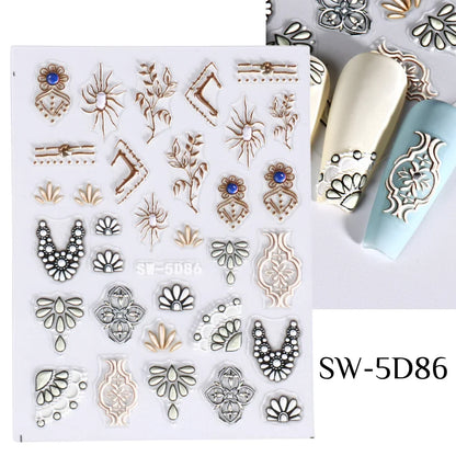 5D Acrylic Bohemia Flowers Nail Embossed Sticker Brown Filigree Lace Tribe Design Adhesive Decal Charms Textured Decoration