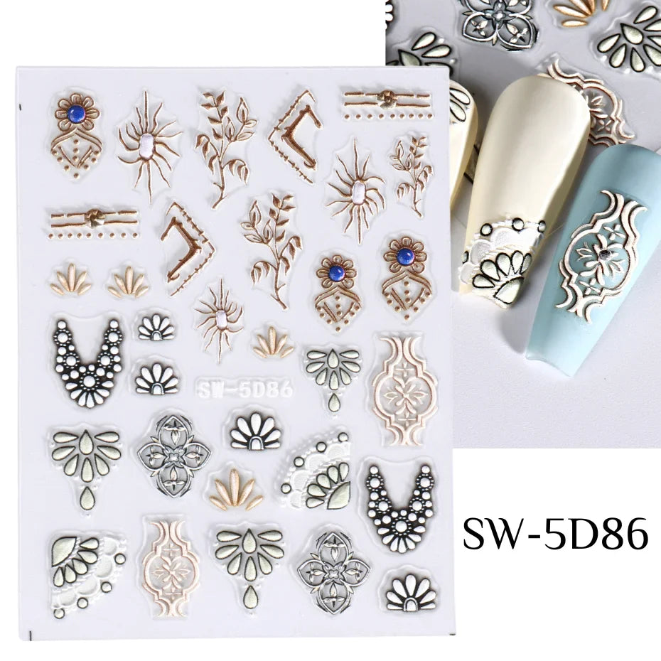 5D Acrylic Bohemia Flowers Nail Embossed Sticker Brown Filigree Lace Tribe Design Adhesive Decal Charms Textured Decoration