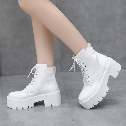 Aichashi Autumn Winter Chunky Motorcycle Boots Women Punk Style Thick Bottom White Ankle Boots PU Leather Platform Booties Woman