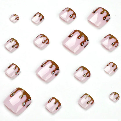 24Pcs Flow Chocolate Design Artificial Press on Toenails Glossy Fashion Fake Toe Nails Wearable Short Flat Shape False Toenails