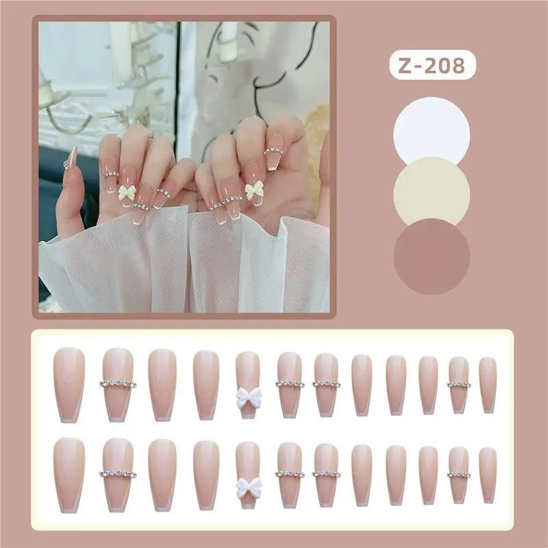 24pcs False Nails Nude Gradient Nail Patch Rhinestone Inlaid Press On Nails Removable Long Paragraph Fashion Manicure nail tips