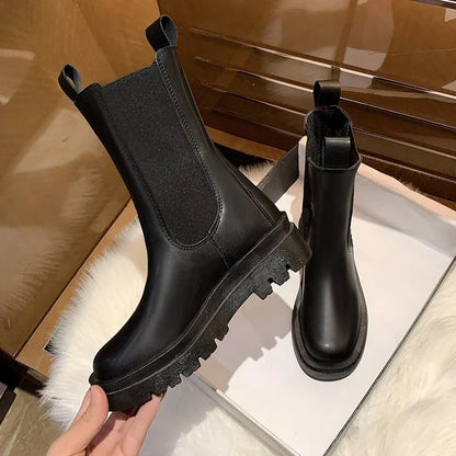 Aichashi Classics Chelsea Boots Women Black Ankle Boots Autumn Winter Shoes Genuine Leather Platform Short Boots Slip on Elastic Band