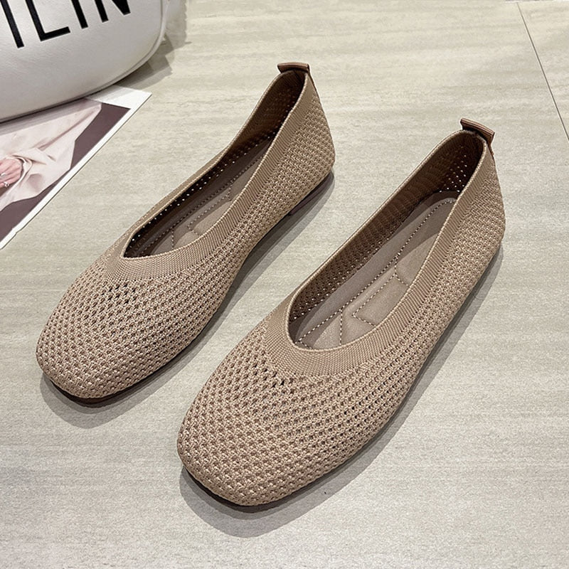 Aichashi Knit Mesh Flat Shoes Women Summer Breathable Stretch Ballet Flats Moccasins Square Toe Loafers Slip on Dress Shoes Sneaker